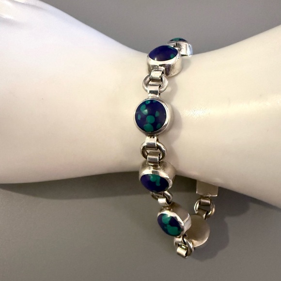 Taxco Silver Bracelet with Blue and Green Accents - Picture 7 of 9